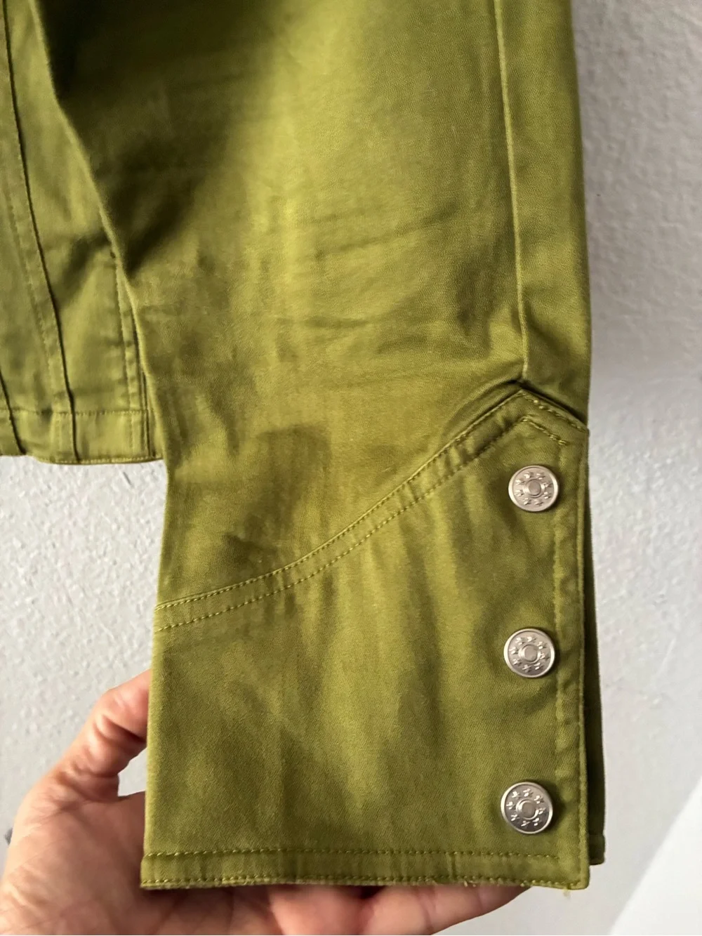 90s Olive Green Button-Front Military Jean Jacket Cotton Spandex Blend XL